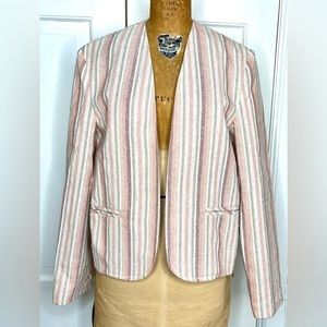 Jantzen Vintage Silk Blend Open Front Cropped Jacket Blazer Tan Pink Stripe 12